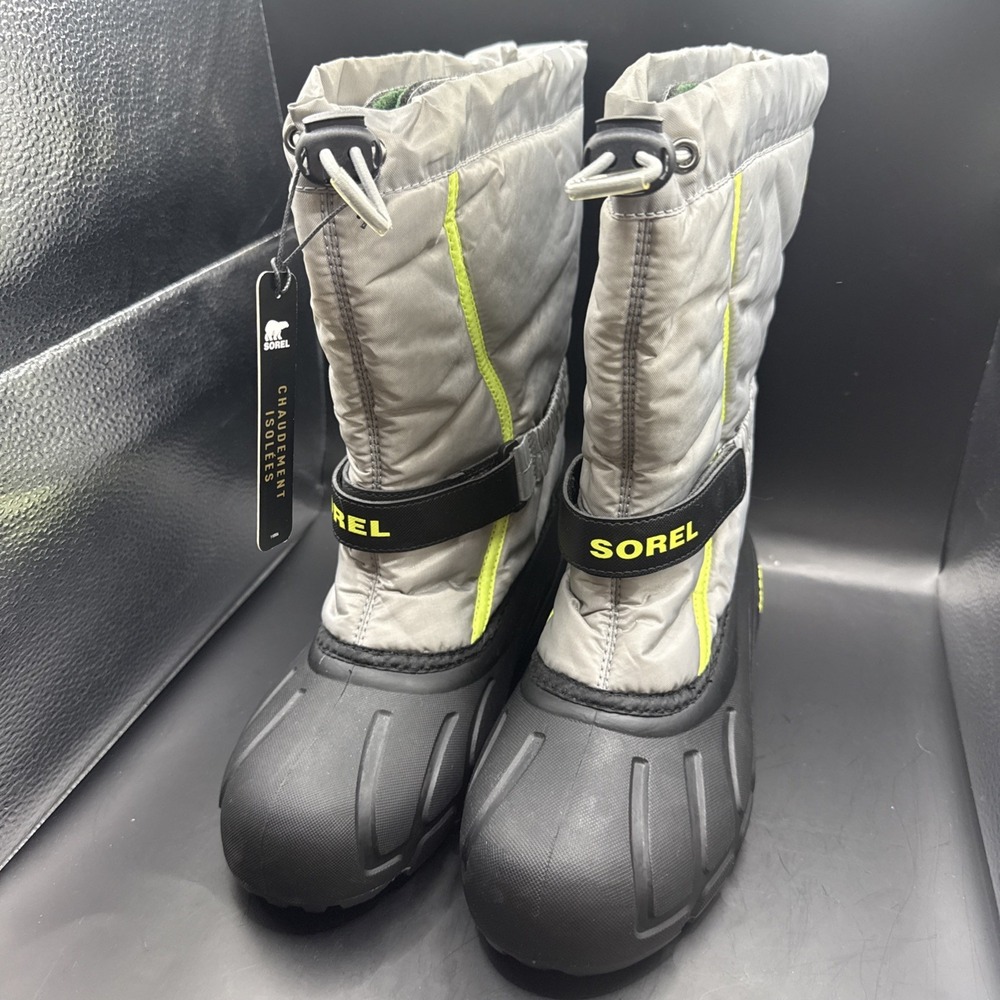 Sorel Flurry Snow Boots Gray Black Waterproof Winter NY1965-062 Kids Size 7
